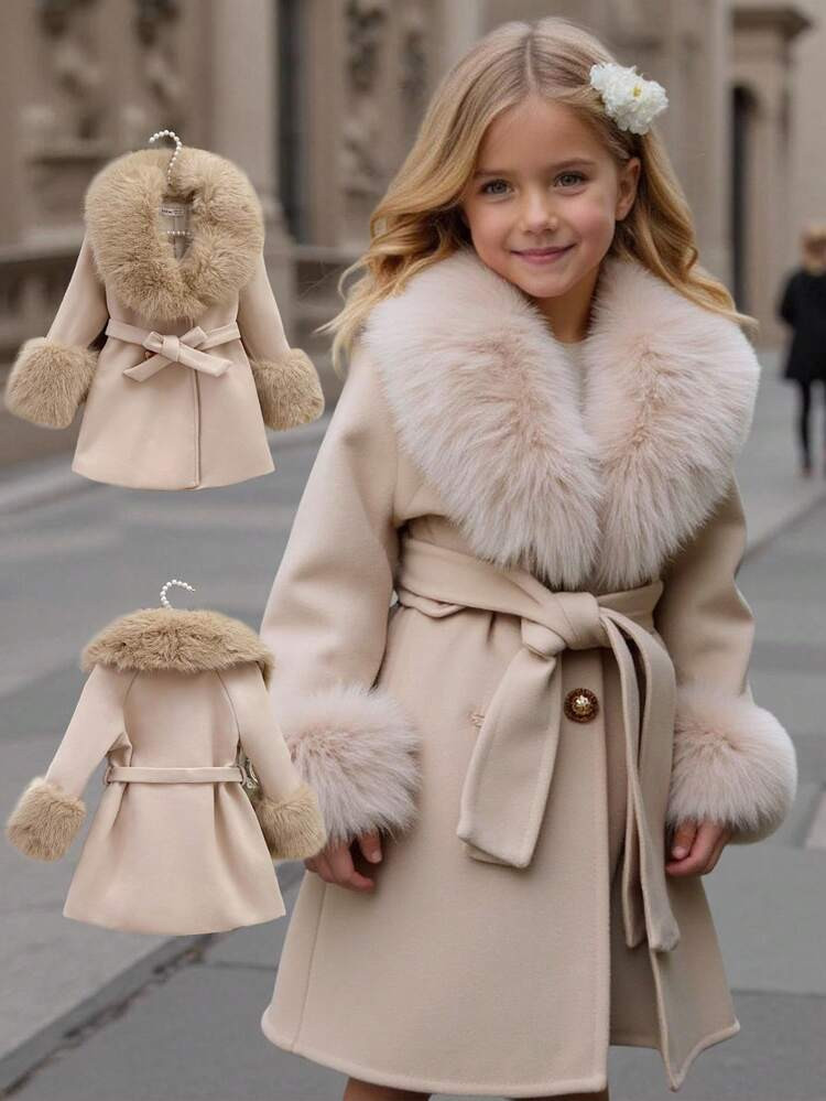 SHEIN Young Girl Solid Color Casual Wool Coat With Faux Fur Collar Autumn Winter Clothes For Women | SHEIN