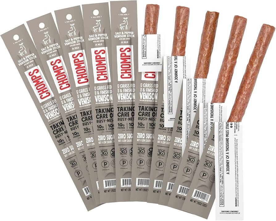 Chomps Grass-Fed & Finished Salt & Pepper Venison Jerky Meat Snack Sticks 10-Pack - Keto, Paleo, ... | Amazon (US)