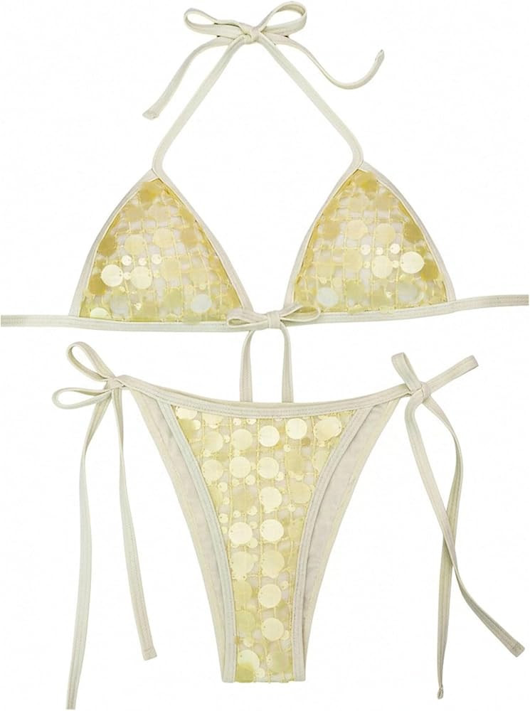 SHENHE Women's 2 Piece String Bikini Set Sparkly Sequin Halter Triangle Tie Side Swimsuits | Amazon (US)