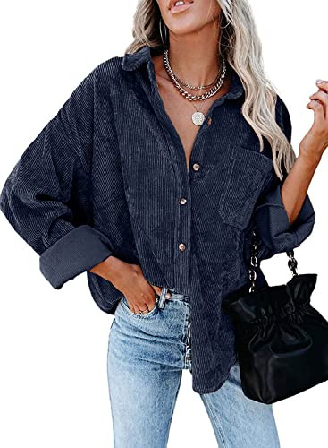 MIHOLL Womens Corduroy Button Down Shirts Casual Long Sleeve Jacket Oversized Boyfriend Blouses Tops with Pockets | Amazon (US)