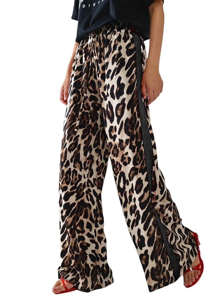 Women's Casual Pants Drawstring Leopard Print Color Block Side Striped Straight Leg Wide Leg Loos... | Amazon (US)