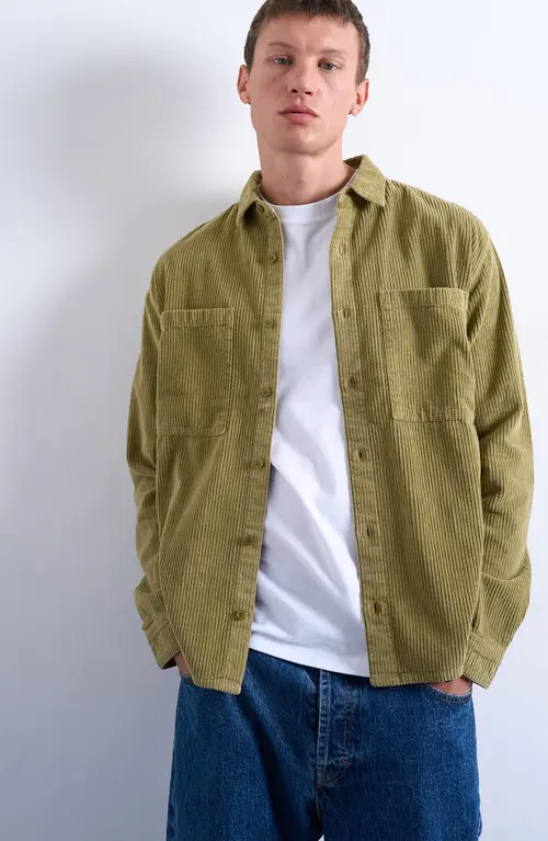 Topman Long Sleeve Regular Fit Corduroy Button-Up Shirt in Light Green at Nordstrom, Size Small | Nordstrom
