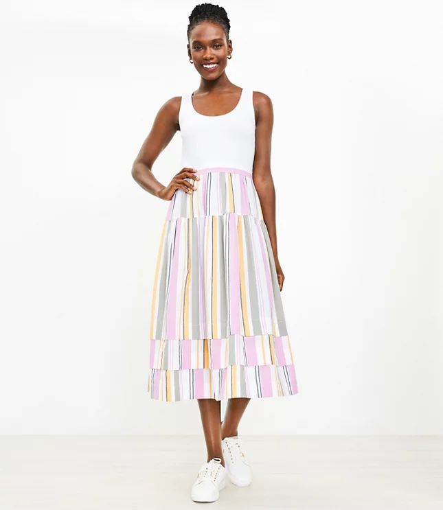 Stripe Tiered Mixed Media Midi Tank Dress | LOFT