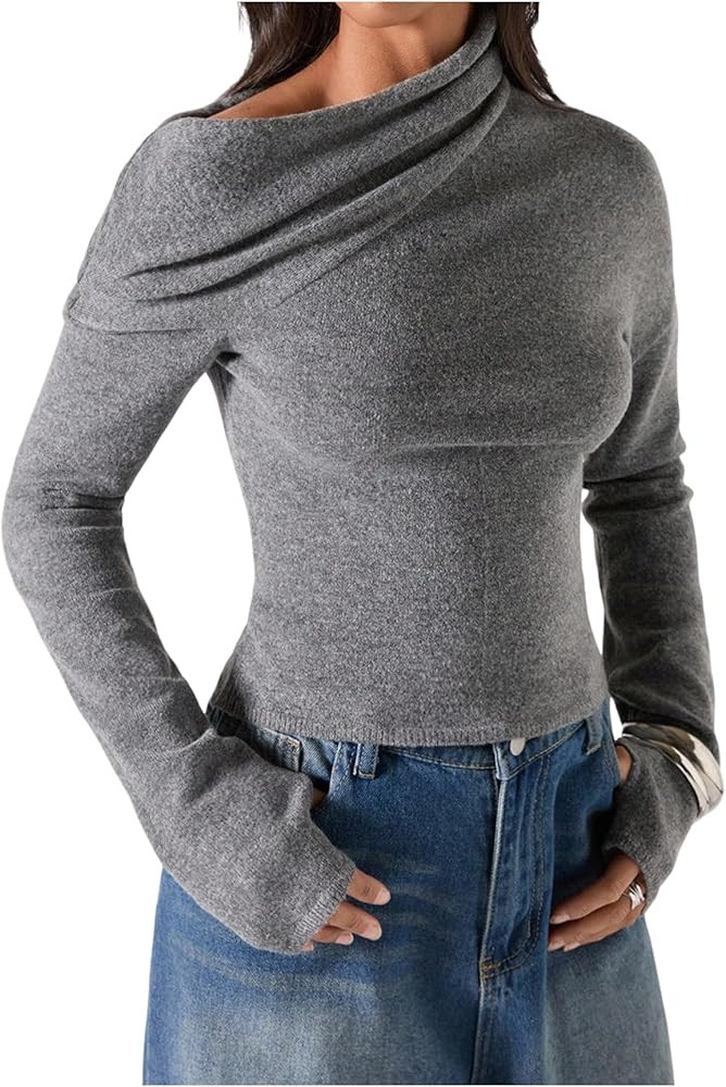 Floerns Women's Asymmetrical Neck Knitted Fall Sweater Long Sleeve Ruched Pullover Tops | Amazon (US)