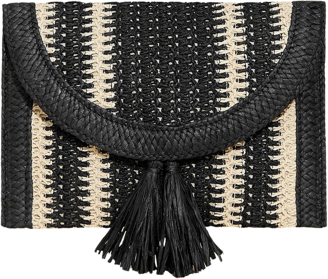 OYOANGLE Women's Color Block Woven Clutch Bag Straw Fringe Flap Small Striped Boho Purse Handbags | Amazon (US)