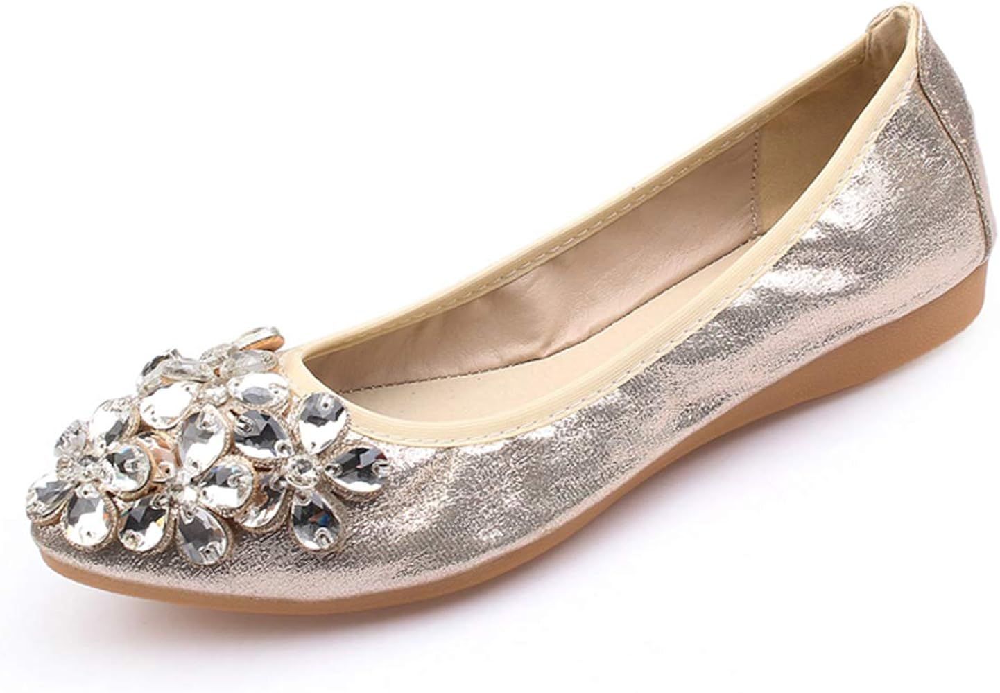 Lauthen.S Women Foldable Ballet Flats, Pointed Toe Wedding Rhinestone Slip on Flat Shoes | Amazon (US)