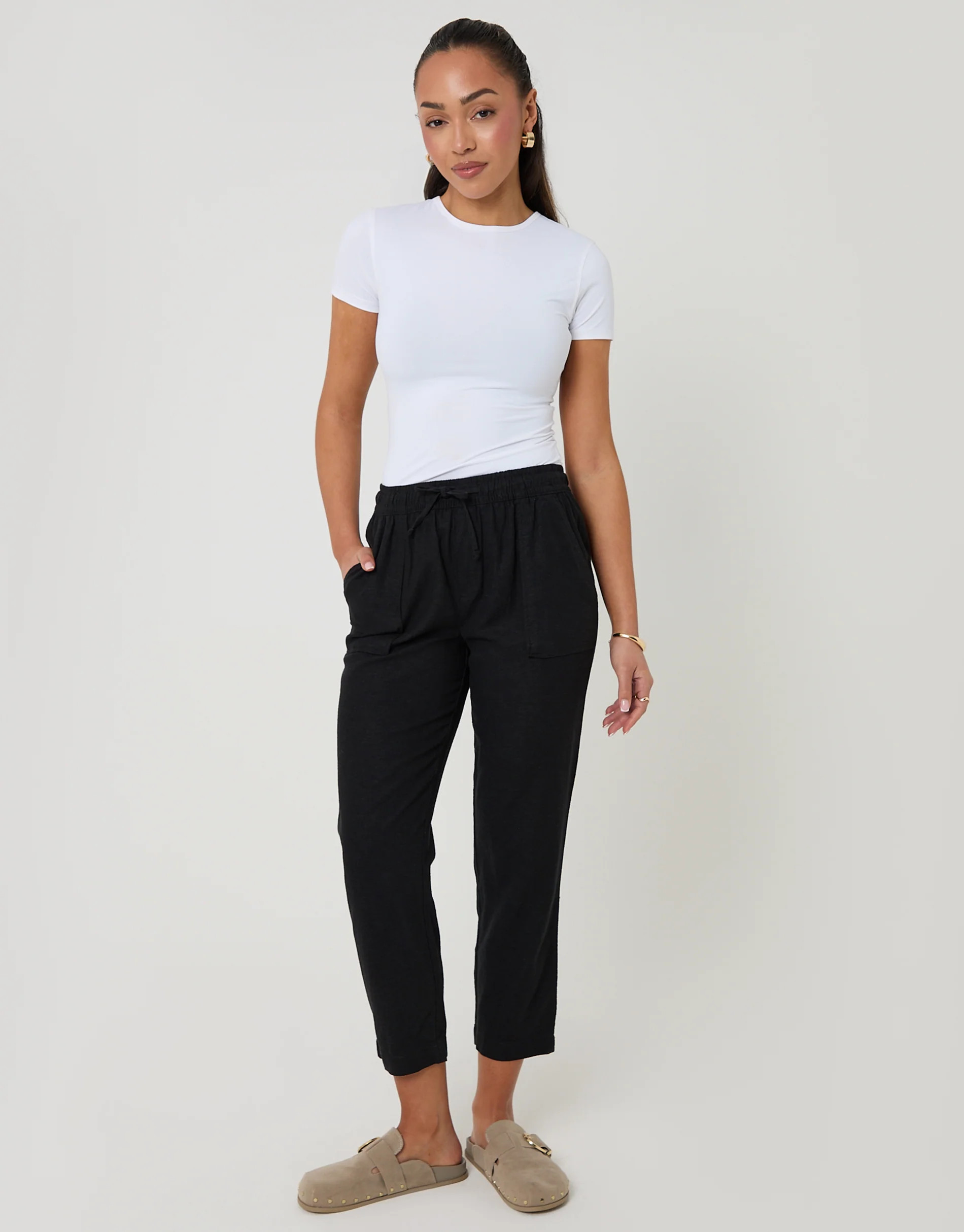 Black Linen Blend Drawstring Trousers | Threadbare