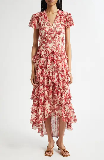 Cinq à Sept Tatum Floral Ribbons Ruffle Maxi Dress in Cherry Rose Multi at Nordstrom Rack, Size 4 | Nordstrom Rack