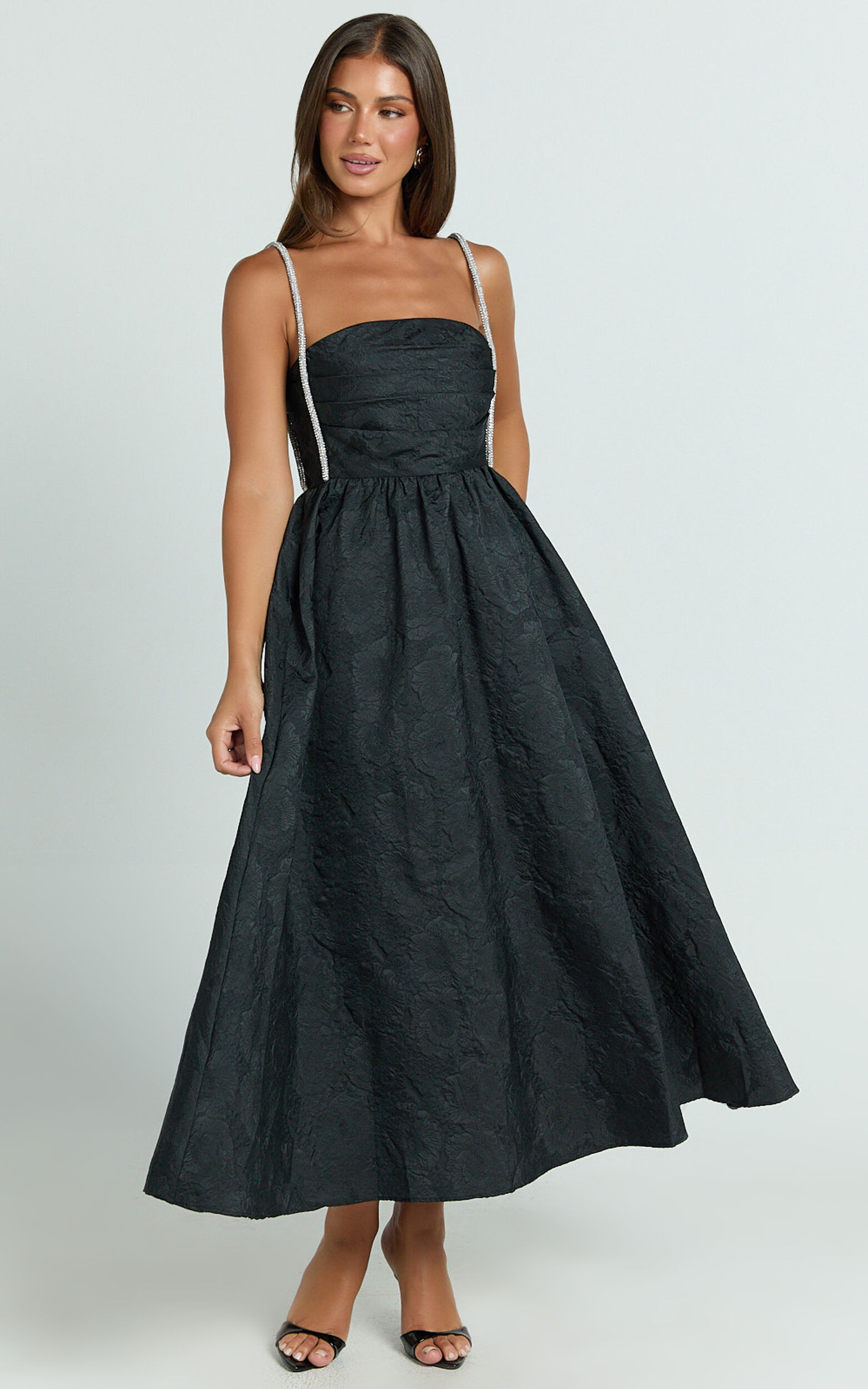 Alvia Midi Dress - Diamante Strap Ruched Straight Neck Dress in Black | Showpo (US, UK & Europe)