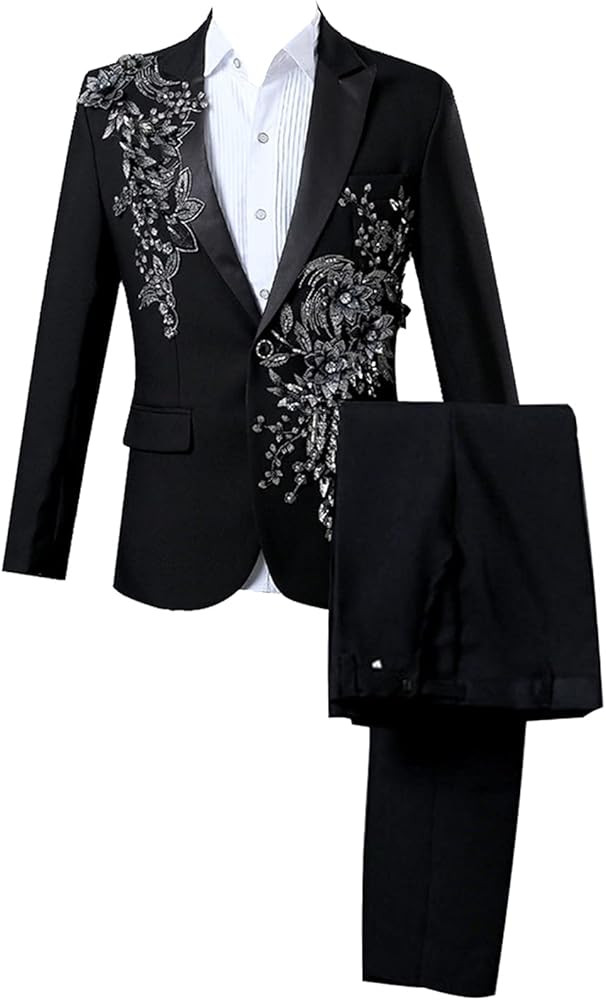 Mens 2 Pieces Luxury Embroidered Suits 1 Button Print Dinner Tuxedo Jacket Pants Prom Wedding Ele... | Amazon (US)