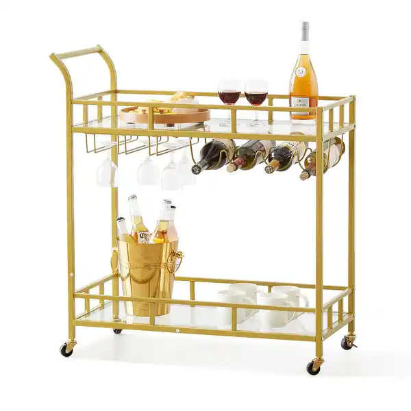 VEVOR Bar Cart Gold 2 Tiers Home Bar Serving Cart on Lockable Wheels with Tempered Glass Shelves ... | Bed Bath & Beyond