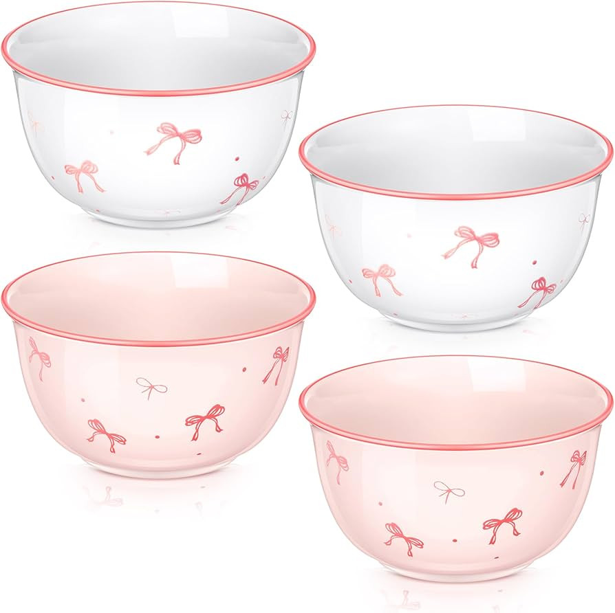 4 Pcs Pink Bow Ceramic Bowls Set 4.5 Inch Coquette Cute Soup Bowl 12 Ounces Dessert Bowls for Kit... | Amazon (US)