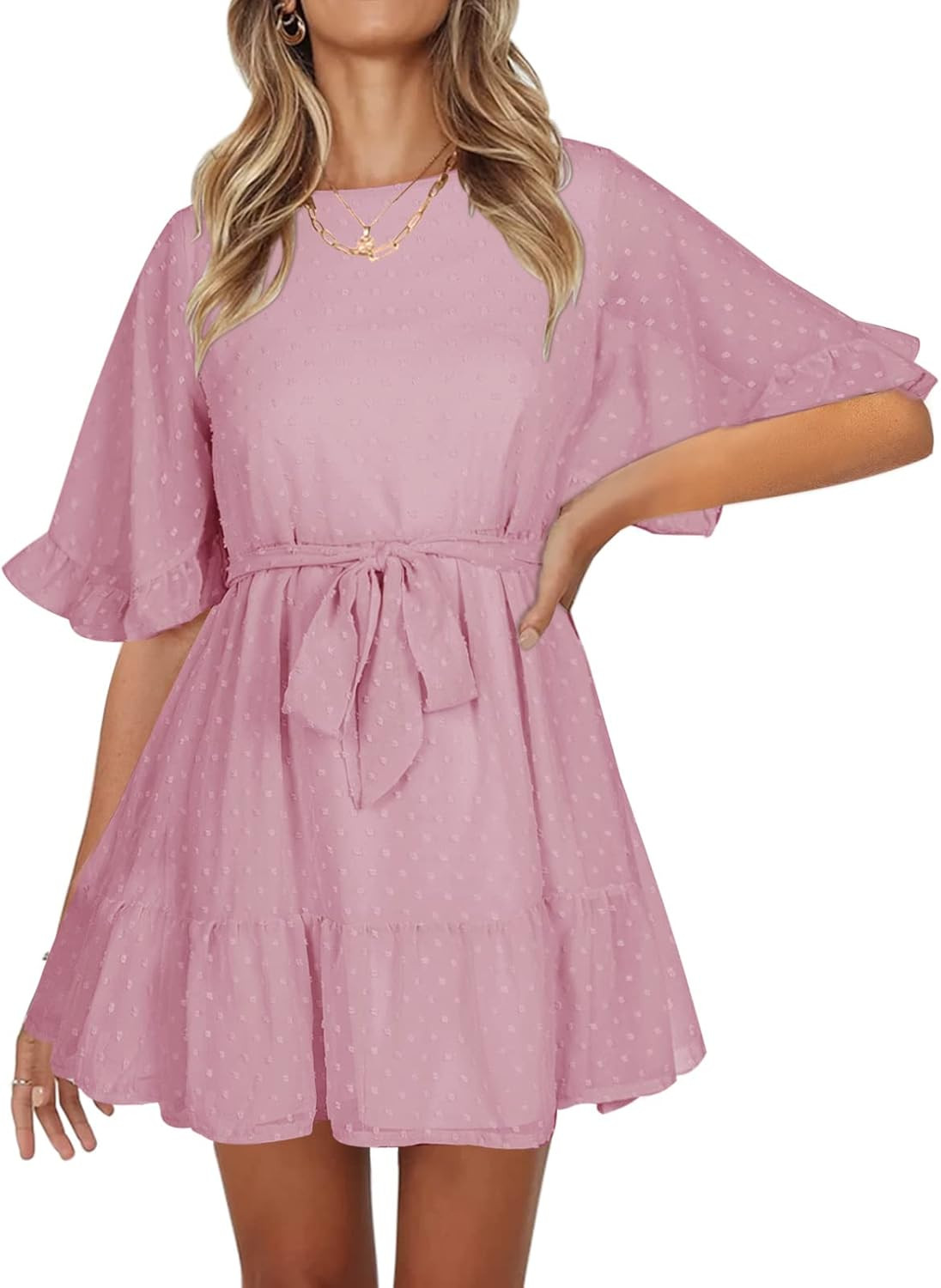 Hotwy Women's 2023 Summer Dresses Ruffle Short Sleeve Crew Neck Swiss Dot Flowy Mini Dress with B... | Amazon (US)