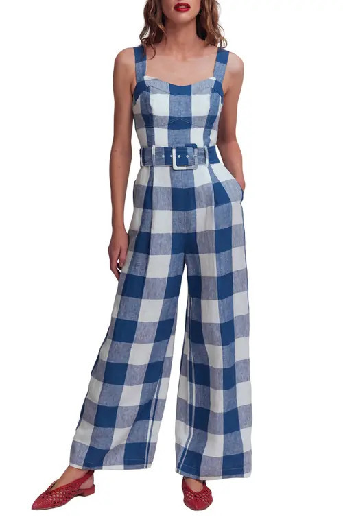 Boden Panelled Bodice Linen Jumpsuit in Denim Blue Gingham at Nordstrom, Size 4 | Nordstrom