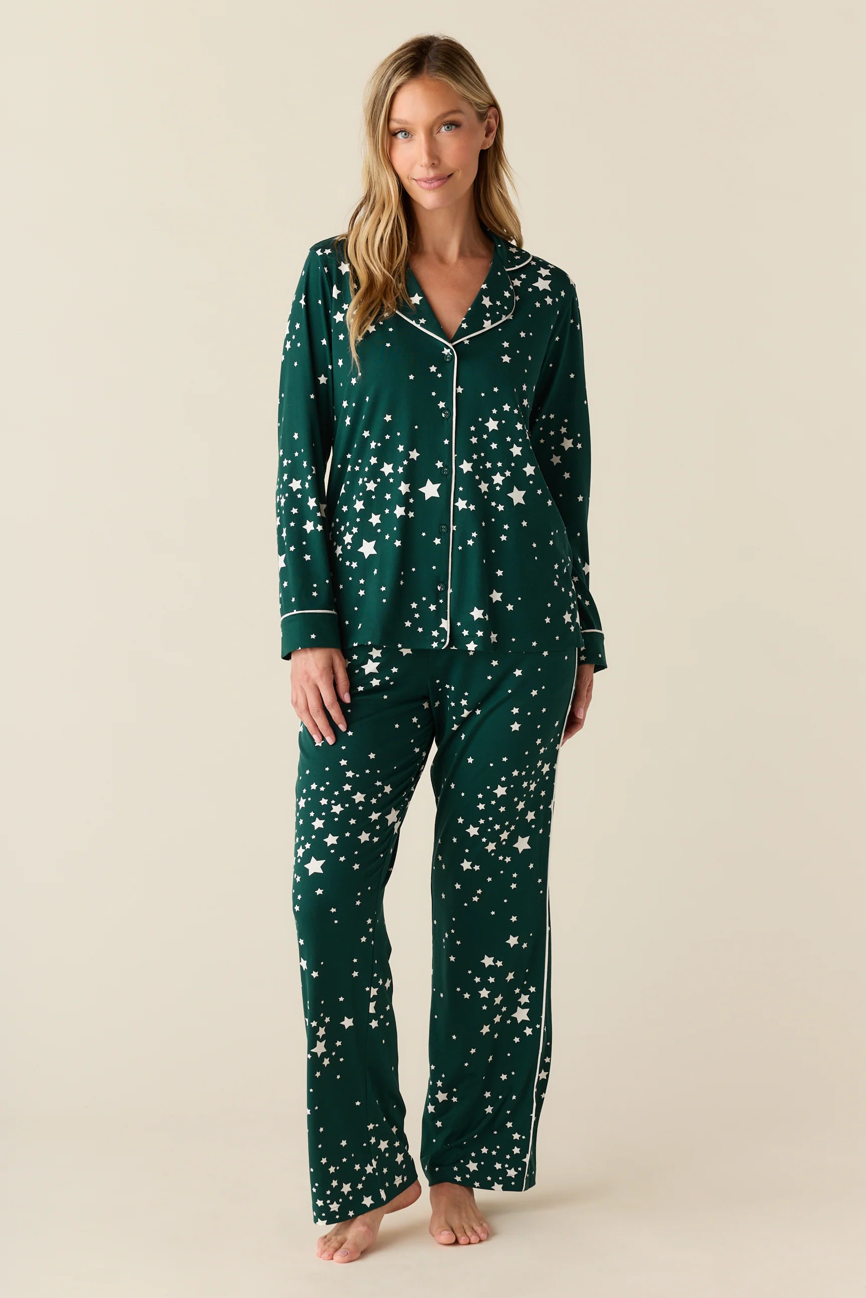 Winter Cloud Jersey PJ Set in Green Stars | MASONgrey
