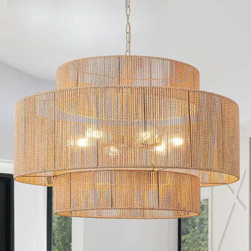 CNQTLL 30.7in Large Rattan Chandeliers, 3-Tier Woven Boho Pendant Lights, Hemp Rope Hanging Ceiling Light, Wicker Lighting Fixture for Living Room, Dining Room, Bedroom, Kitchen Island | Amazon (US)