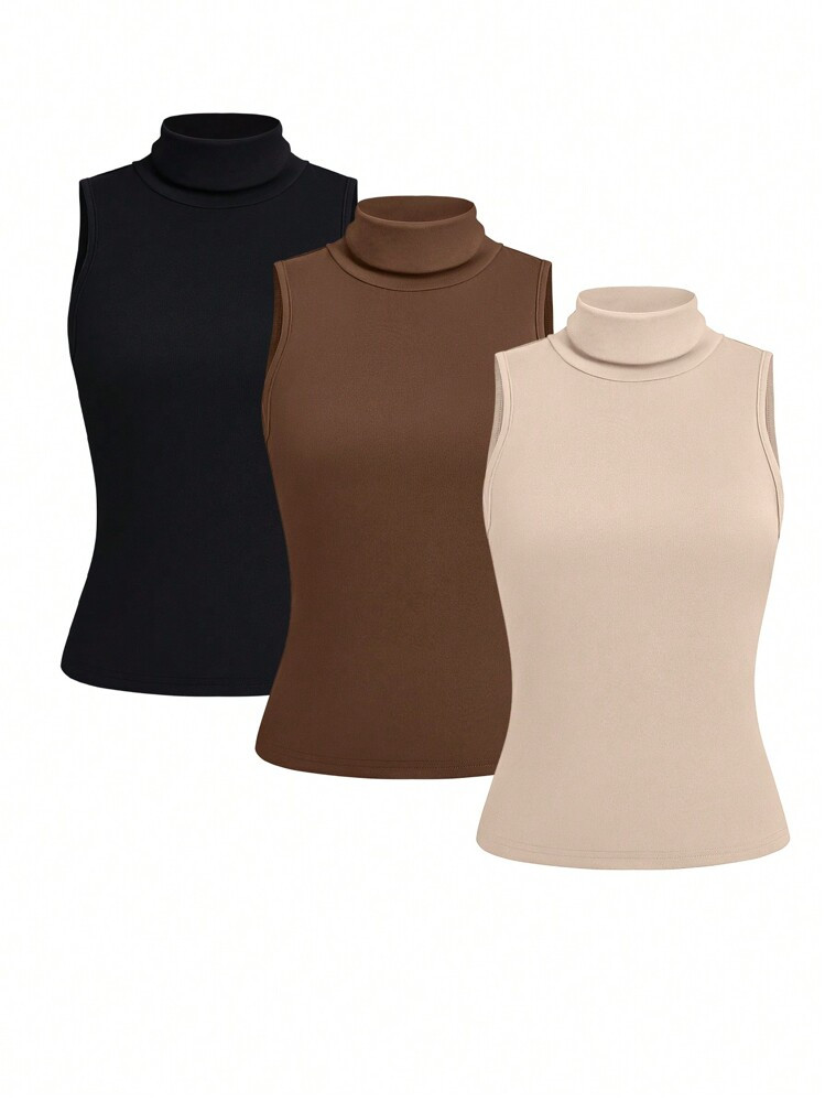 SHEIN LUNE 3pcs Set Women Solid Color Sleeveless Mock Neck Minimalist Tank Tops For Casual Everyday Wear 3 Packs Topshigh Neck Topbrown Topsplain Tops | SHEIN