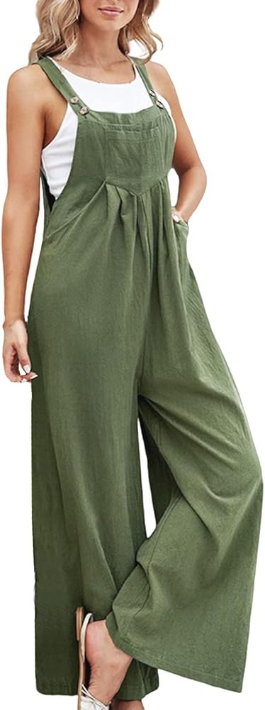 Ksiliup Womens Overalls Casual Adjustable Cotton Linen Overalls for Women Loose Fit Bib Wide Leg ... | Amazon (US)