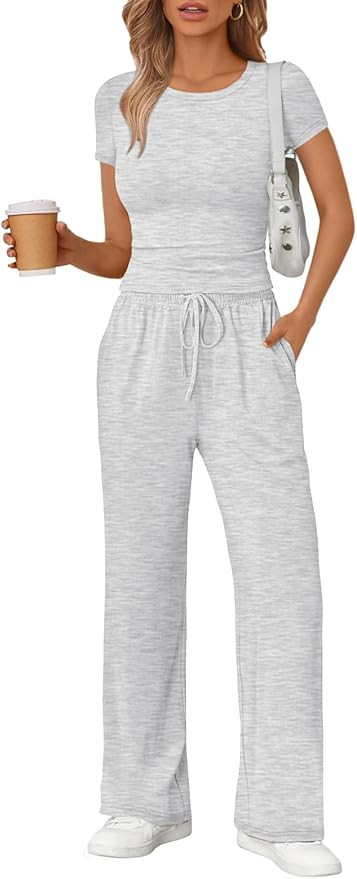 Trendy Queen 2 Piece Matching Summer Sweatsuit Lounge Set Womens Wide Leg Pants Side Ruching Crop... | Amazon (US)