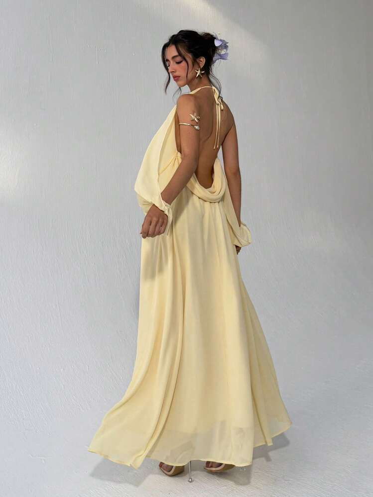 Aloruh Women's Spring/Summer New Arrival Backless Dress, Summer Clothing Solid Color Light Yellow Flare Lantern Sleeve Design Sense Vacation Dress, Ladies Beach Dress Party Graduation Beach Outfits For Woman Beach Dress Beach Vacation Outfits Butter Yellow Summer Dresses For Women Vestidos Elegantes De Mujer Vestidos Dresses For Women Summer Vestidos Elegantes Para Fiesta Summer Dresses | SHEIN