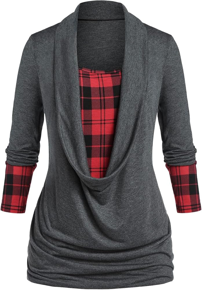 ROSE GAL Women Plus Size Draped Cowl Plaid 2 in 1 Top Twofer Top Long Sleeves T-Shirt | Amazon (US)