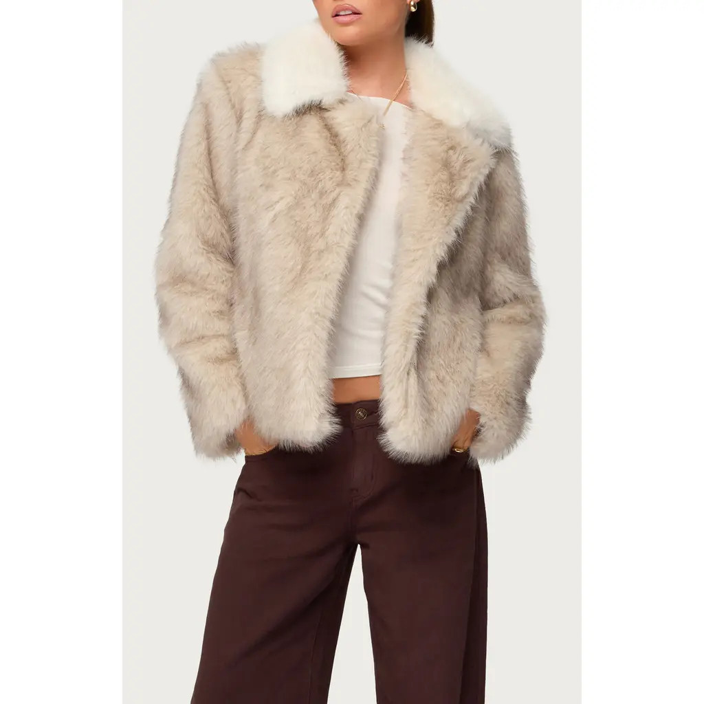 EDIKTED Contrast Collar Faux Fur Jacket in Tan at Nordstrom, Size Large | Nordstrom