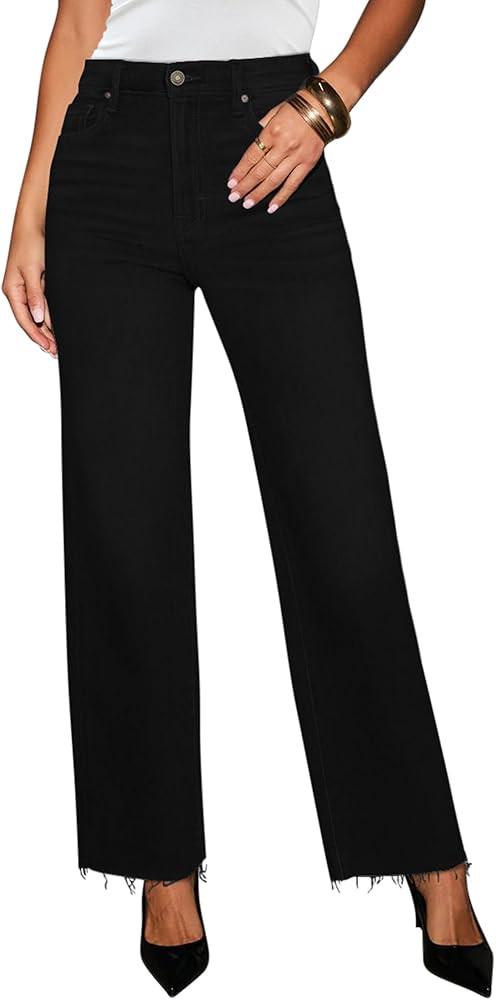 Yewfirm Straight Leg Jeans for Women Trendy High Waisted Cropped Boyfriend Mom Stretchy Frayed He... | Amazon (US)