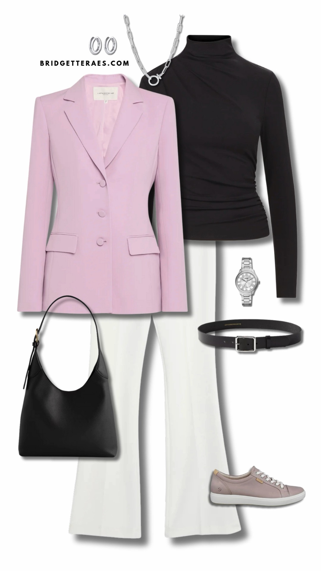The tailored lavendar blazer brings authority through structure while subtly signaling approachability, perfectly balanced by the sleek black ruched top that adds refinement and focus. Crisp white trousers keep the silhouette clean and intentional, reinforcing professionalism and clarity, while the streamlined black accessories ground the palette and keep the message sharp. The minimalist jewelry and polished sneakers introduce ease and mobility, making this an outfit built for full workdays, thoughtful conversations, and decisive leadership. It’s confident, contemporary, and effortlessly capable.

#LTKOver40 #LTKootd #LTKWorkwear