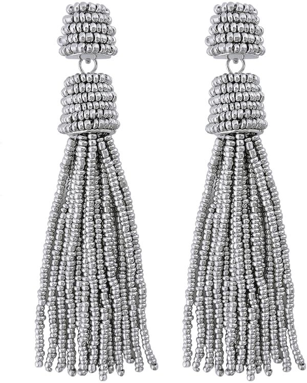 Coiris Handmade Beads Tassels Fringe Dangle Drop Earrings for Women (ER1093-Silver) | Amazon (US)