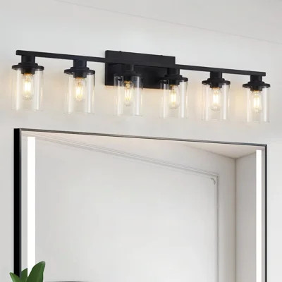 6 Light Black Bathroom Vanity Light Fixtures, Metal Base with Clear Glass Shades, Modern Wall Sconce for Bathroom,Mirror, Living Room, Hallway | Wayfair North America