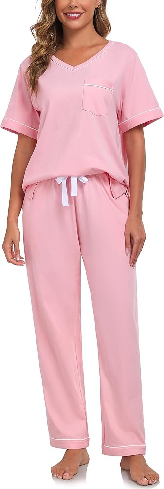 COLORFULLEAF 100% Cotton Pajamas for Women Set V Neck Short Sleeve Sleepwear Long Pajama Pants wi... | Amazon (US)