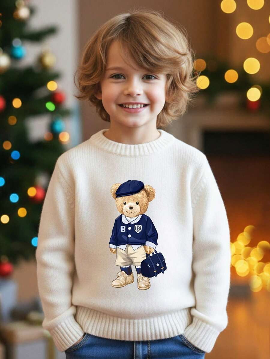 PrepCrw Classic Collegiate Style Young Boy Casual Sweater, Warm & Comfortable, Cute Bear Pattern, Suitable For Autumn/Winter | SHEIN