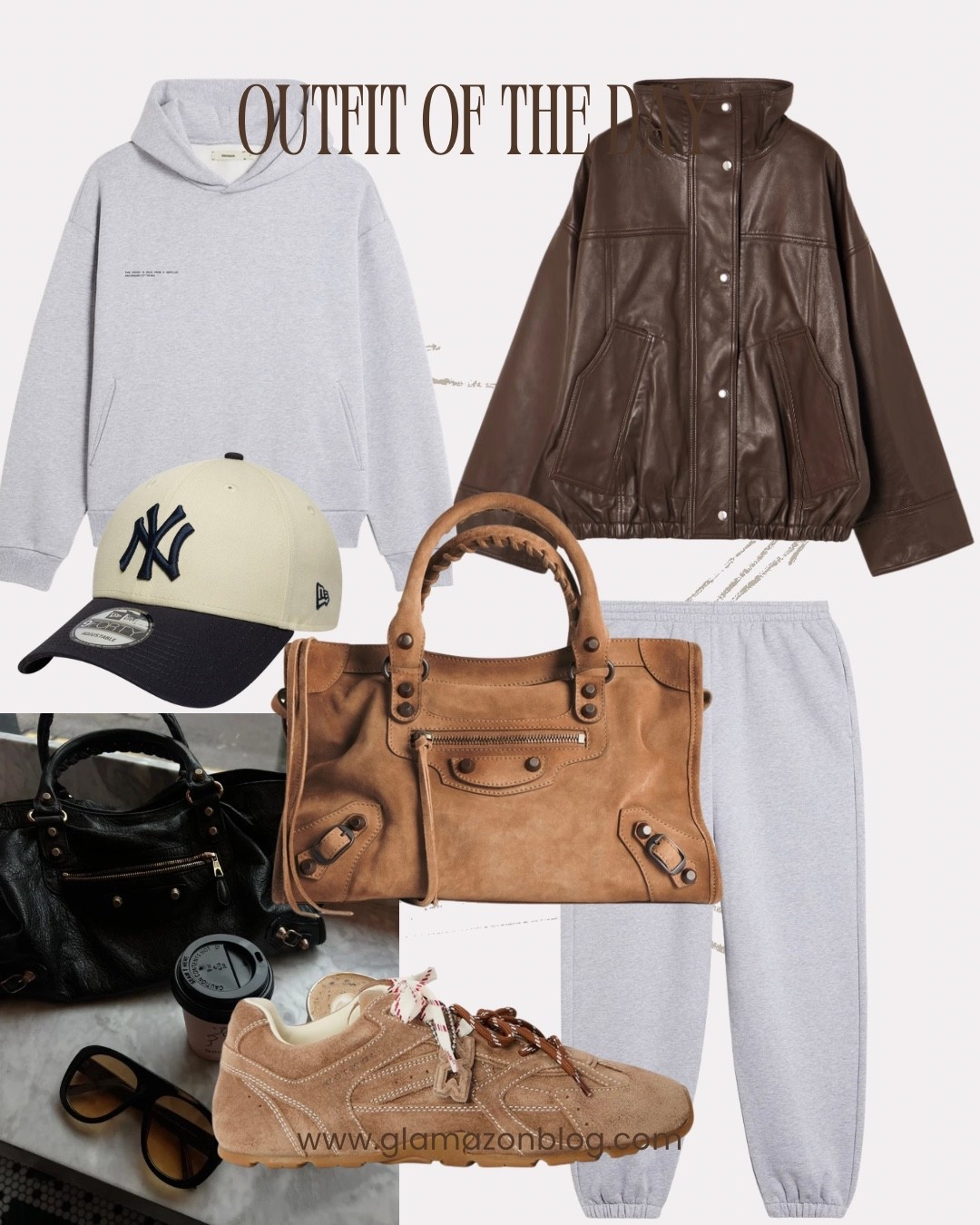 Sweatpants, grey sweatshirt, balenciaga bag, suede trainers, leather jacket 

#LTKeurope #LTKstyletip #LTKwinter