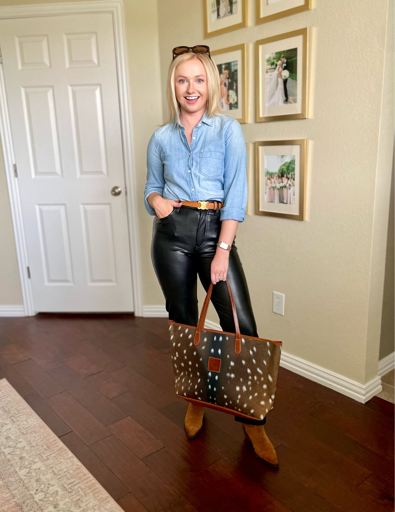 Wearing an XS in button up and 26S in pants | leather pants, faux leather pants, chambray shirt, western booties, brown suede booties, brown booties, fall outfit, leather pants outfit 

#LTKSale #LTKSeasonal #LTKstyletip