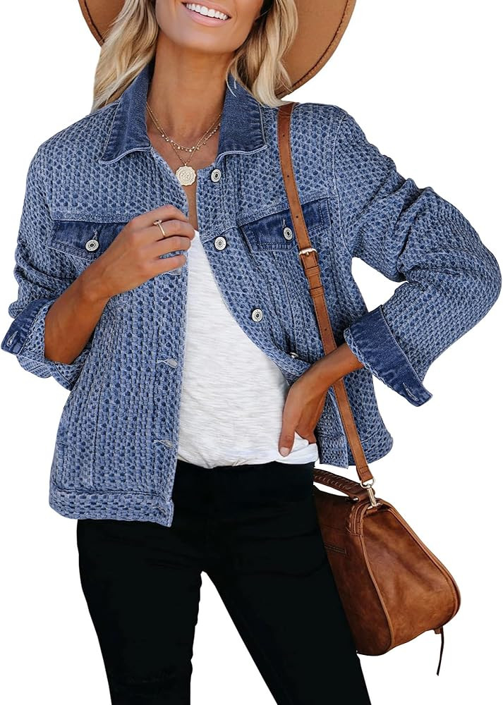 luvamia Jean Jacket Women Trendy Texture Distressed Button Down Long Sleeves Casual Trucker Denim... | Amazon (US)