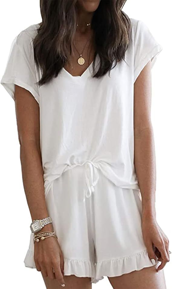 LuckyMore Women's Pajama Short Sleeve Sleepwear Soft Pj Set V Neck Top and Shorts Pajamas Set | Amazon (US)