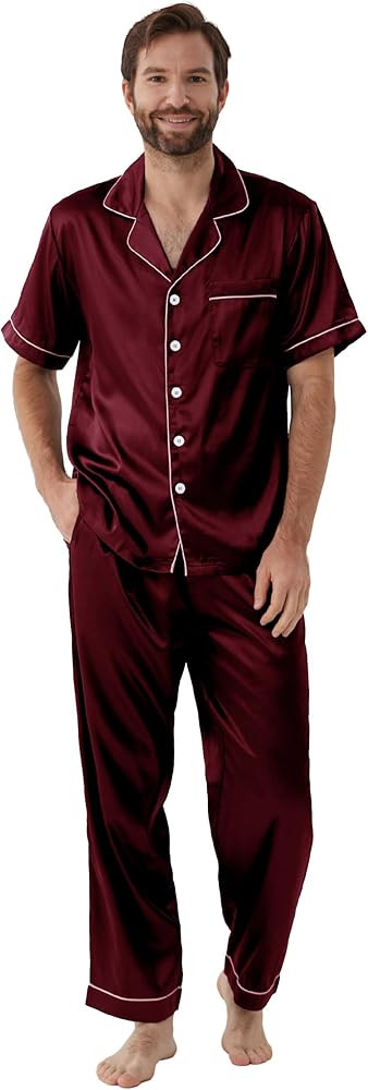 YIMANIE Mens Satin Pajamas Set Classic Short Sleeved and Long Pants Sleepwear Loungewear | Amazon (US)