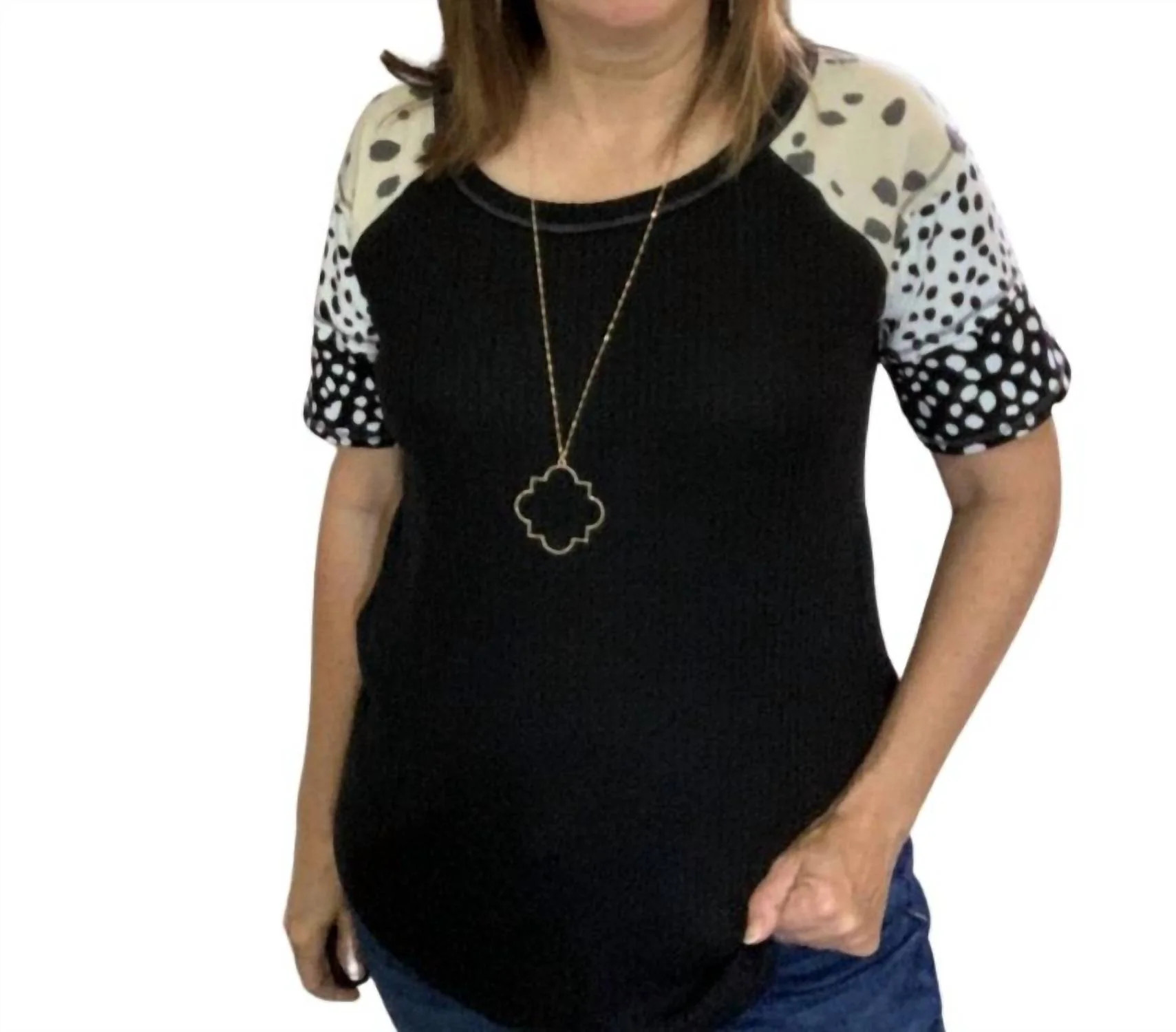 Printed Sleeve Tee Top In Black | Shop Simon