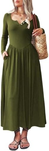 Long Sleeves Maxi Dress for Women A Line 2025 V Neck Casual Button Boho Tshirt Long Dress with Po... | Amazon (US)