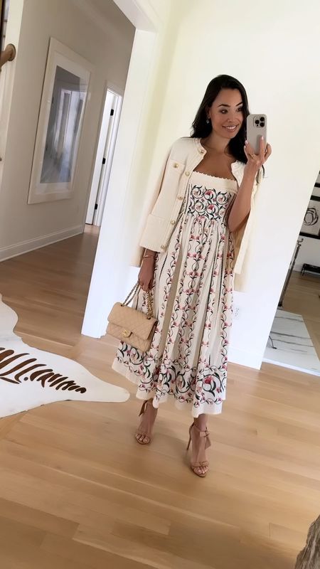 Kat Jamieson wears an Agua Bendita dress, cardigan and Alexandre Birman sandals with a Chanel bag to lunch. Spring outfit, summer outfit, summer dress, midi dress. 

#LTKitbag #LTKSeasonal #LTKparties