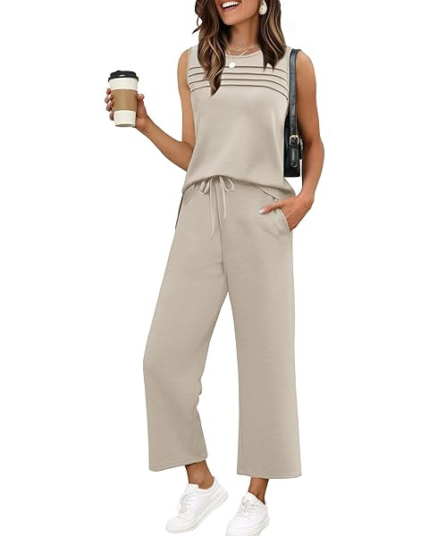 Lepunuo Two Piece Sets for Women Summer Mock Neck Sleeveless Top Wide Leg Pants Lounge Sets Vacat... | Amazon (US)