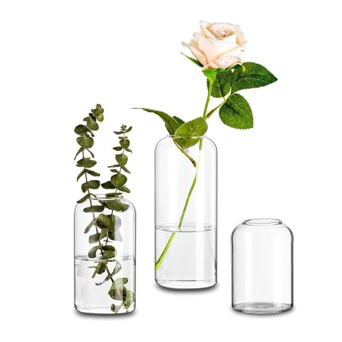 Clear Bud Vase Glass Cylinder, Set of 3 Glasseam Modern Small Flower Vases Decor Handmade Craft Aesthetic Decorative Wedding Reception Centerpieces for Flowers Rose Tulip Pampas Grass | Amazon (US)