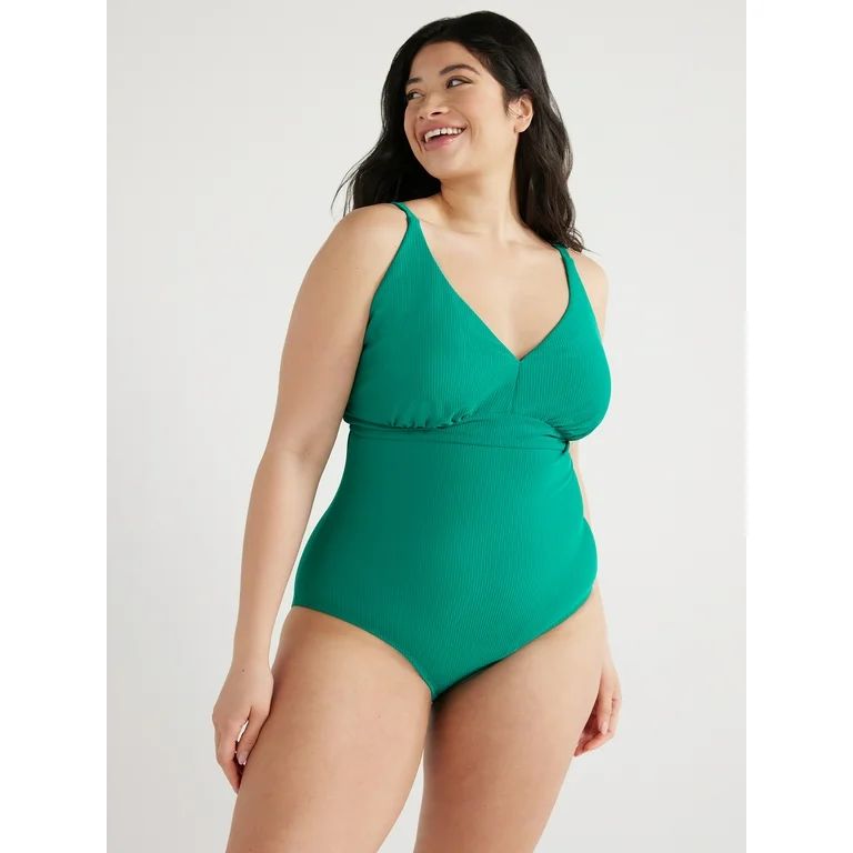 Time and Tru Women’s and Plus Green Ocean Ribbed One Piece Swimsuit | Walmart (US)