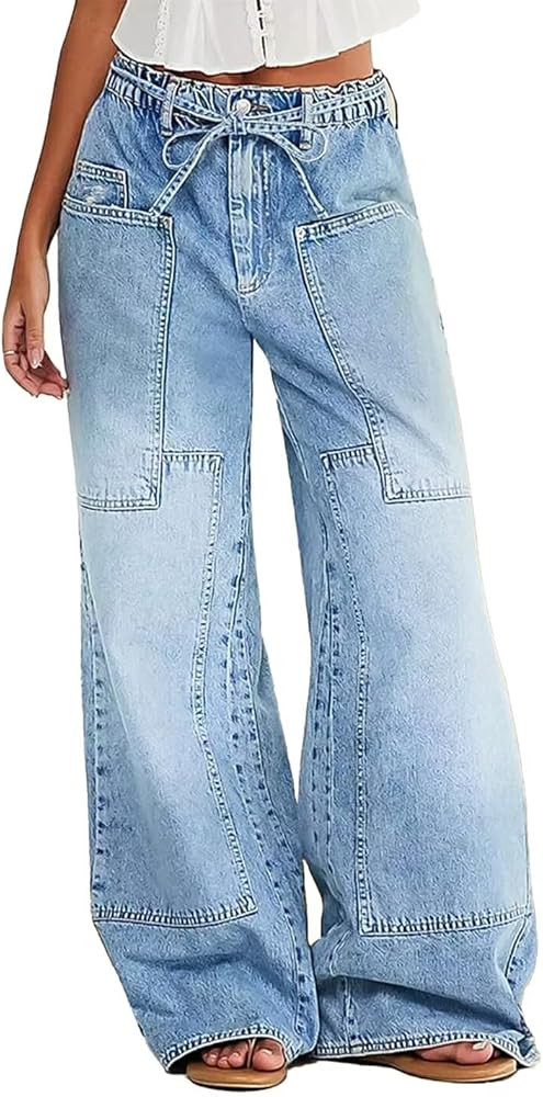 Flamingals Wide Leg Jeans for Women Drawsting Mid Waist Baggy Jeans Belted Wash Stitch Detai Trou... | Amazon (US)