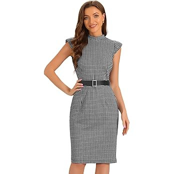 Allegra K Business Casual Sheath Dress for Women's Mock Neck Shoulder Pad Cap Sleeve Belt Houndst... | Amazon (US)