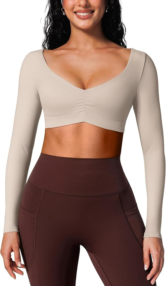 BRXL Long Sleeve Workout Crop Top for Women Built in Bra Gym Athletic Tops Deep V Neck Ruched Pad... | Amazon (US)