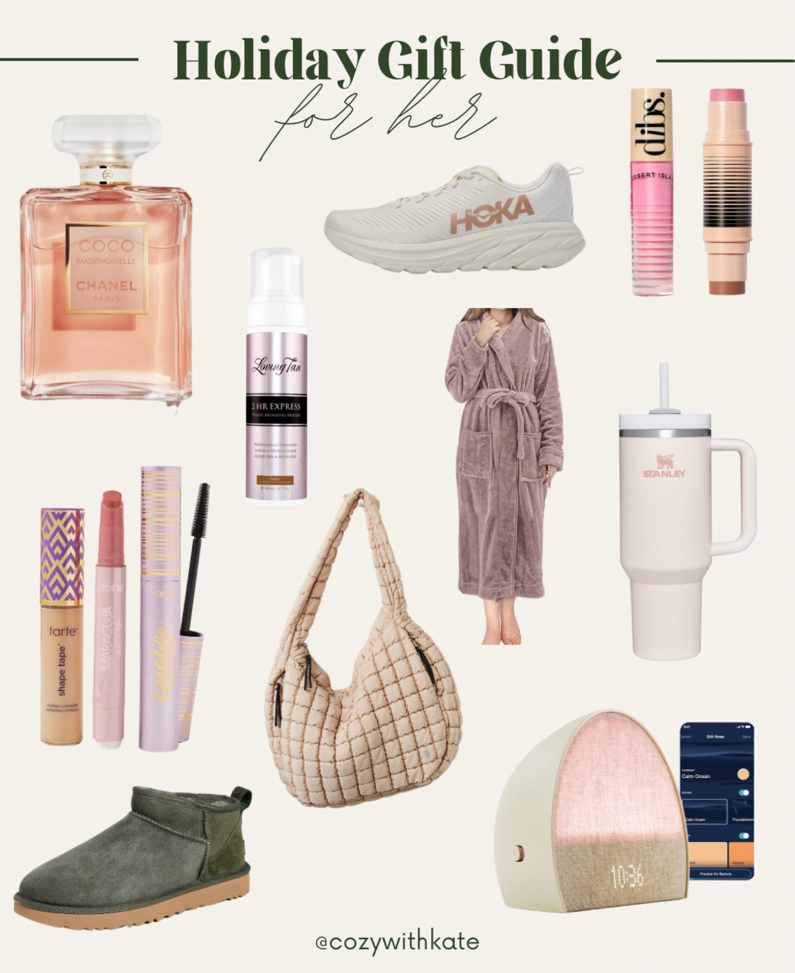 Gift guide for her 

UGGS | free people bag | Stanley | robe | coco chanel perfume | self tanner | hoka | dibs | make up | hatch | 

#LTKHoliday #LTKGiftGuide #LTKsalealert