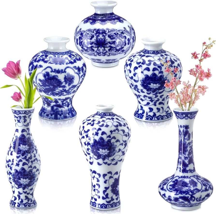 Funtery Set of 6 Small Blue and White Porcelain Vases Blue Chinoiserie Decor Gifts Ceramic Flower... | Amazon (US)