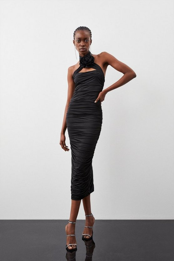 Jersey Rosette Ruched Midi Dress | Karen Millen US