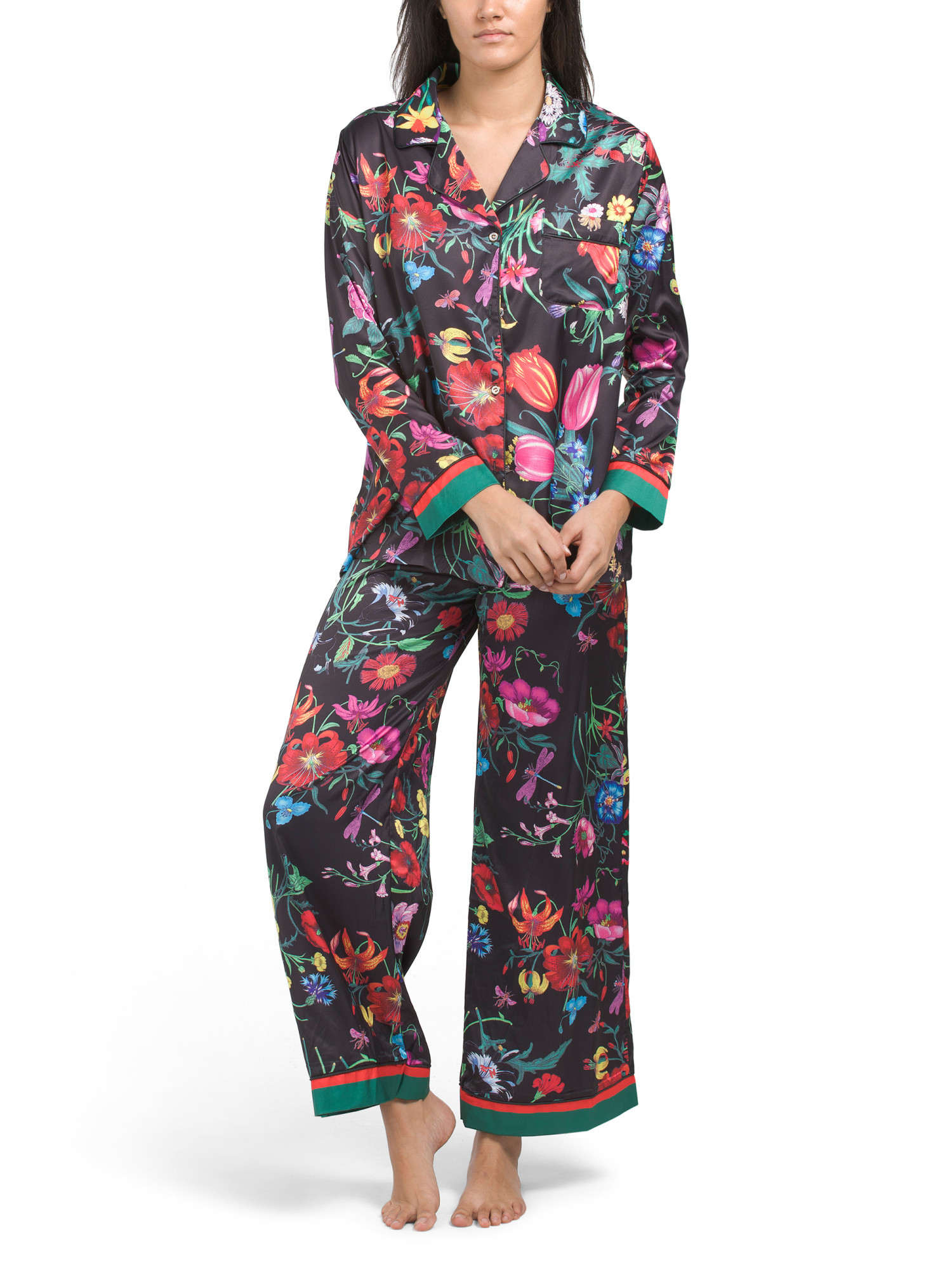 Satin Floral Notch Pajama Set With Trim Detail | TJ Maxx